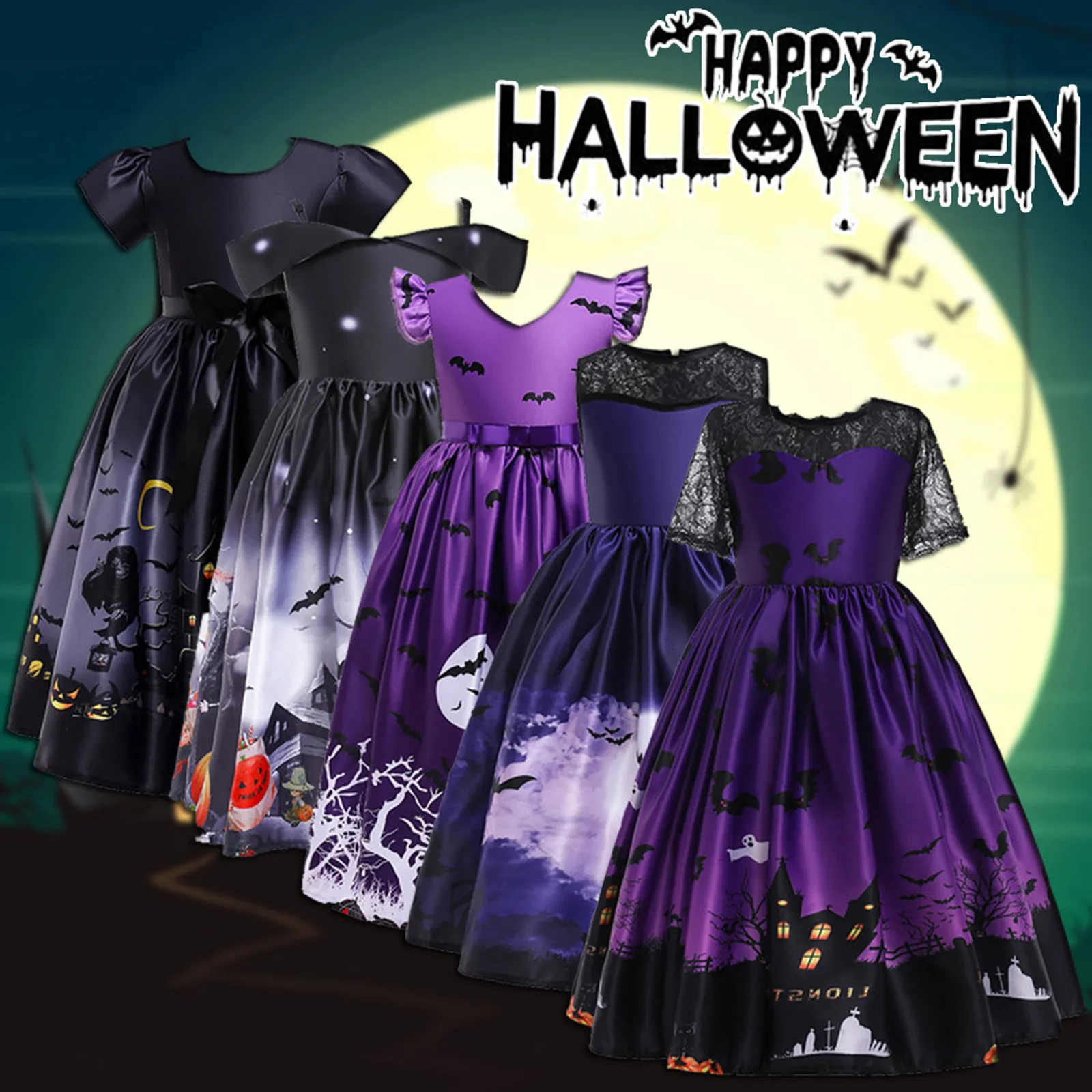 

Halloween 3-12 Years Baby Girl Party Witch Dress Christmas Princess Dress Kids Cosplay Vampire Costume Bat Pumpkin Bag Hat