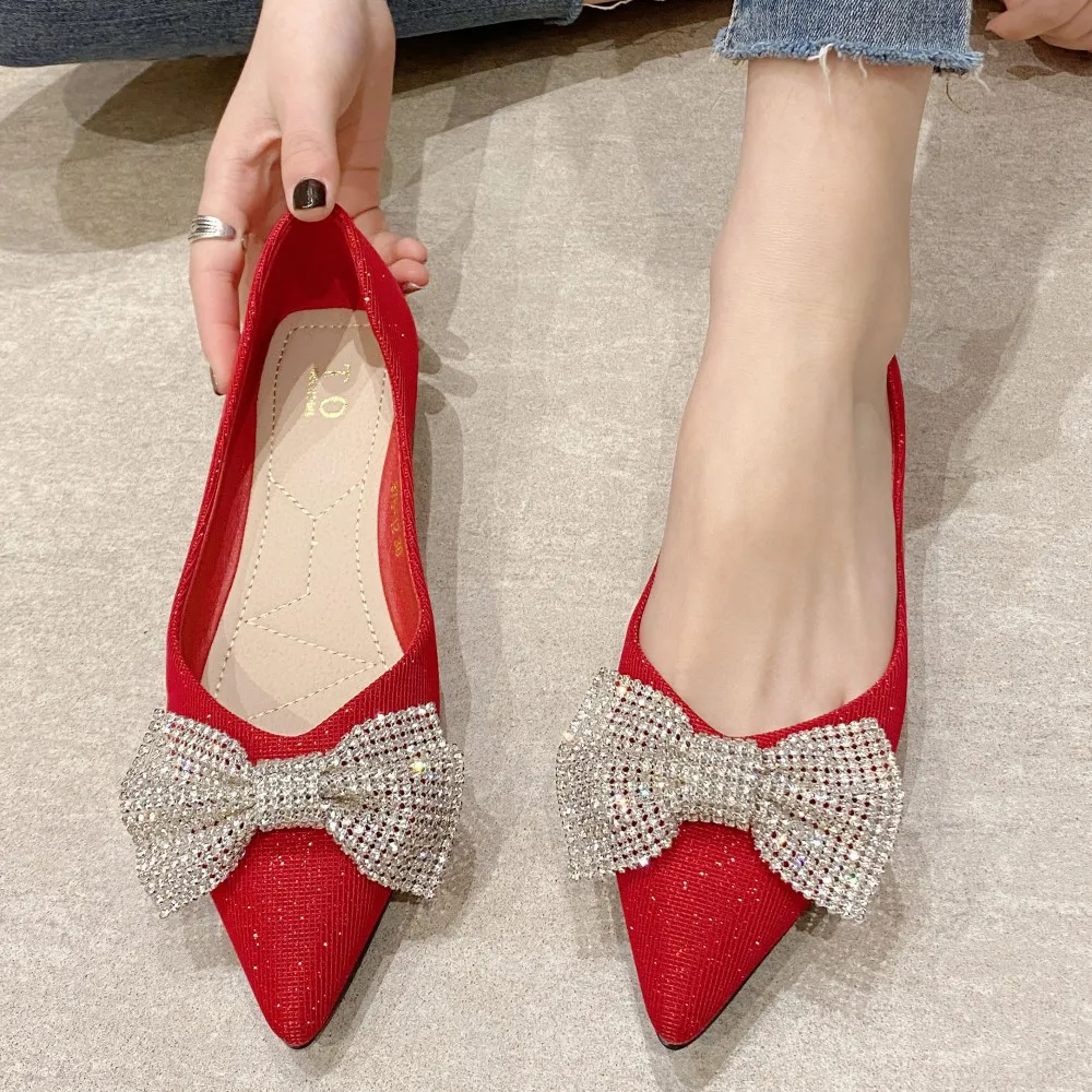 Red Women's Flat Shoes 2022 Pointed Toe Bowtie Shallow Casual Comfortable Office Ladies Work Party Wedding Woman Flats Shoes