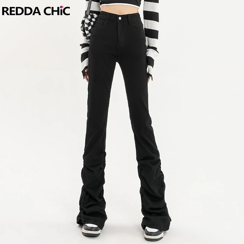 

REDDACHiC Stacked Pants Grunge Y2K Flare Black Jeans for Women Cyberpunk Ruched Hem High Waist Trousers Acubi Fashion Streetwear