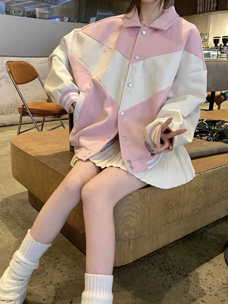 Винтажная однобортная куртка в стиле Харадзюку с контрастными цветами