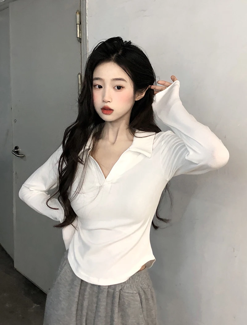 Осенняя женская одежда Gyaru Design Sense Slim fit Белая нижняя рубашка с воротником-поло Pure