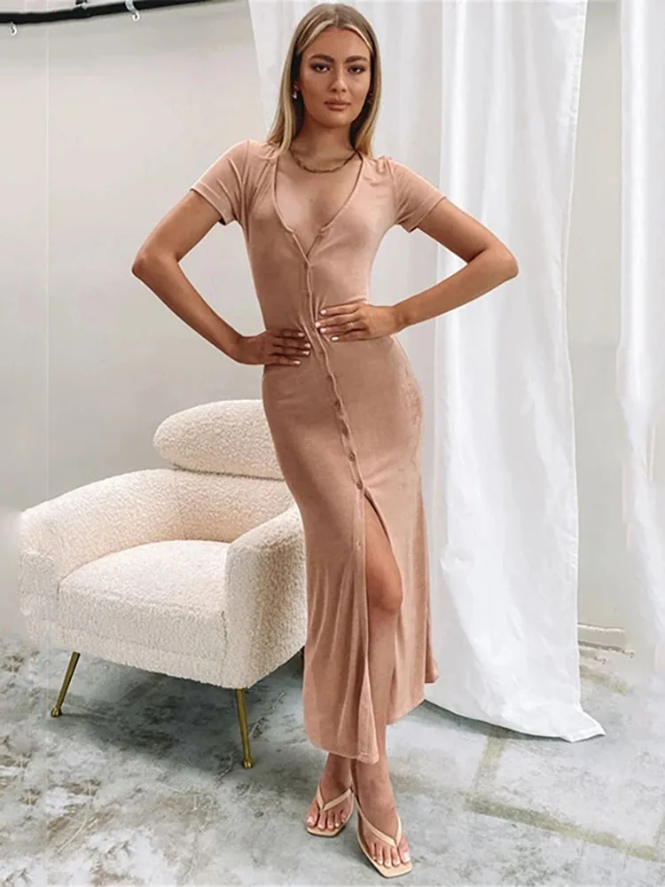 

Пикантное женское платье, летние длинные платья с V-образным вырезом и разрезом для женщин, модное однотонное вечернее Клубное платье, повседневный женский кардиган, уличная одежда