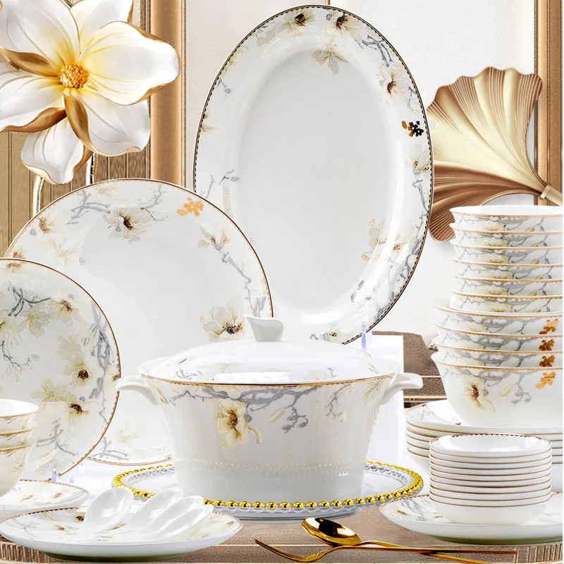 

Bowl and Plate Set Household Light Luxury Chinese Jingdezhen Ceramic Bone Porcelain Tableware Set Gift housewarming Bowl and Cho