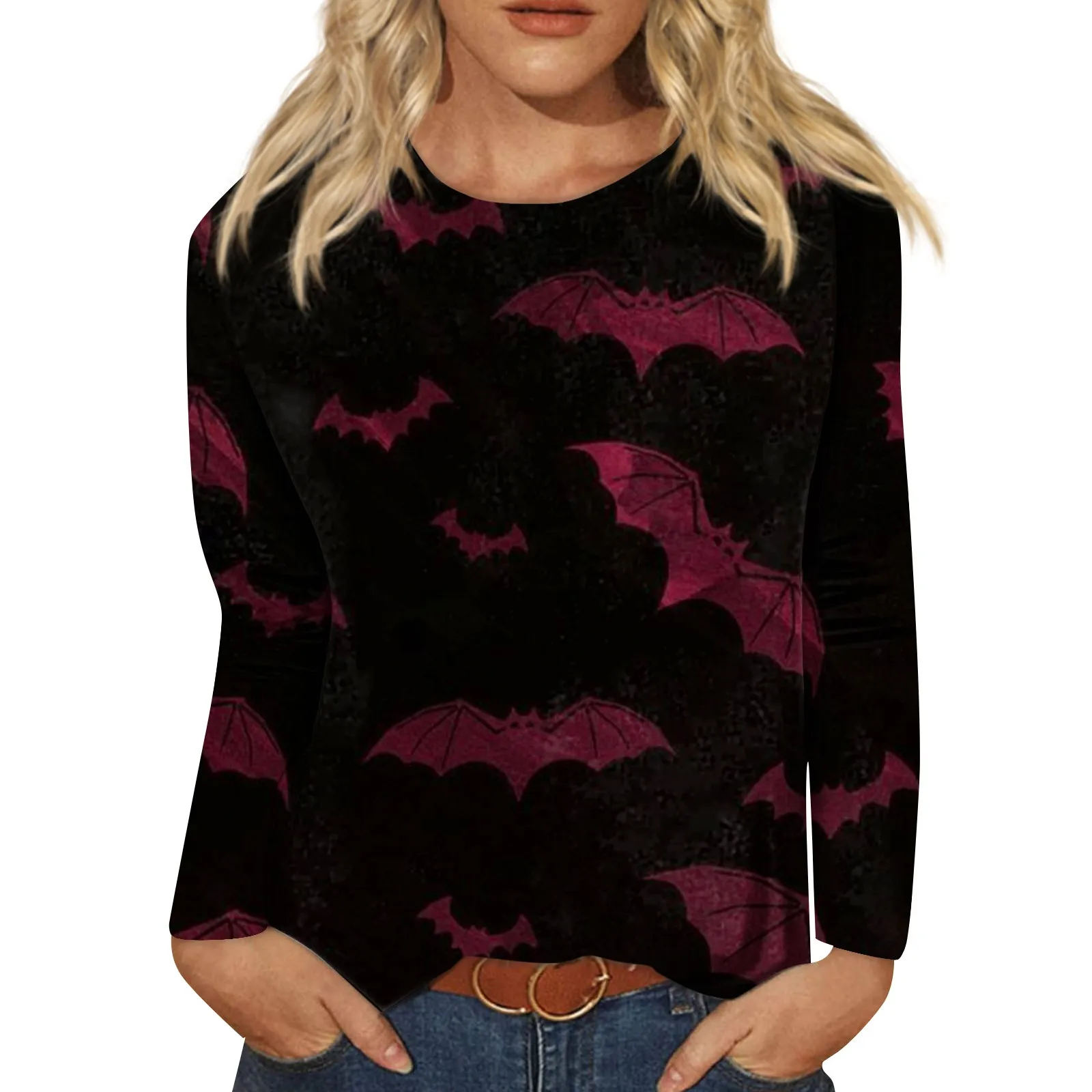 

Женская модная повседневная футболка с длинным рукавом и круглым вырезом, топ с принтом на Хэллоуин, простой и модный новый женский свободный облегающий Топ