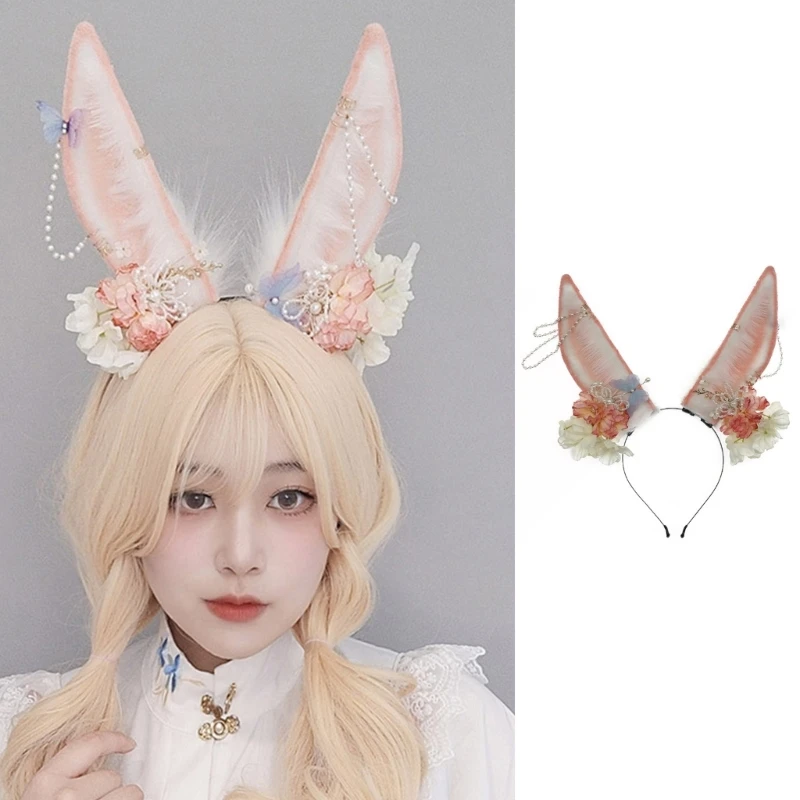 

Easter Party Students Woman Photoshoots Hairband with Pearl Decors Rabbit Ears Headbands Pink Color Cartoon Hair Hoop