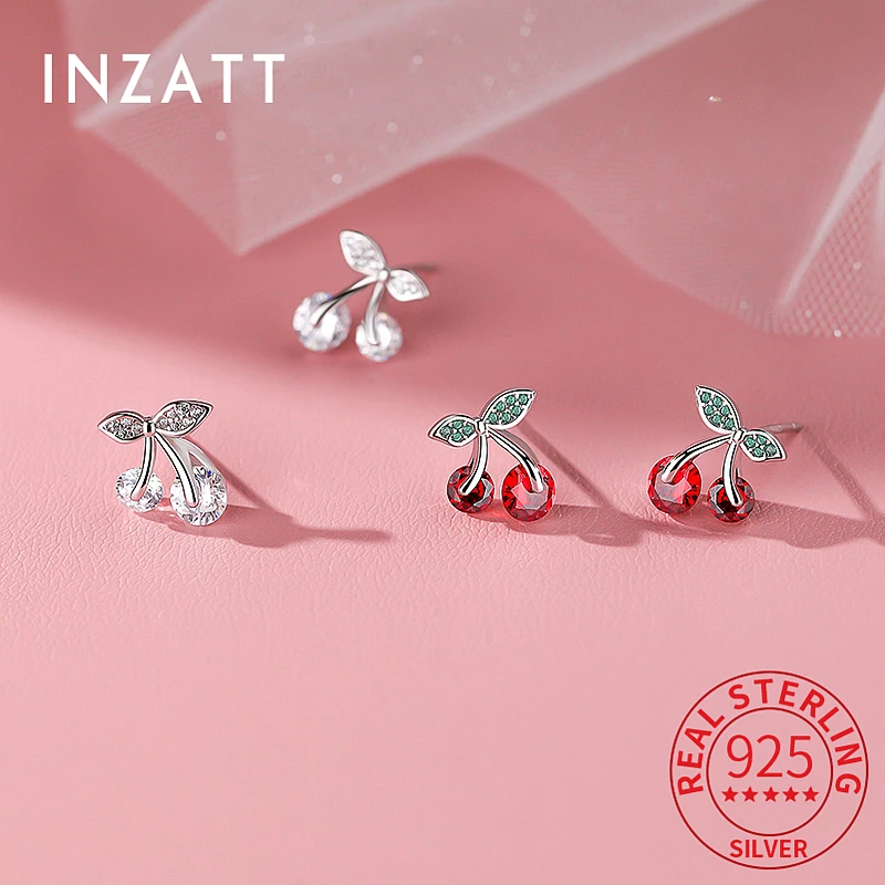 

INZATT Real 925 Sterling Silver Zircon Cherry Stud Earrings for Fashion Women Cute Plant Fine Jewelry Minimalist Accessories