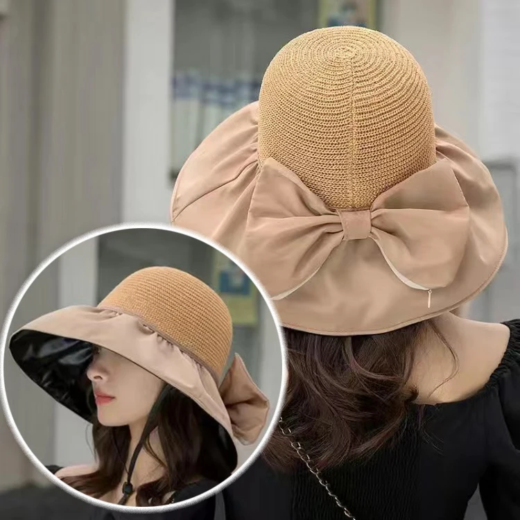 

Summer Women Bucket Hat UV Protection Sun Hats Solid Color Foldable Wide Brim Outdoor Beach Panama Cap Bows Ladies Straw Hat