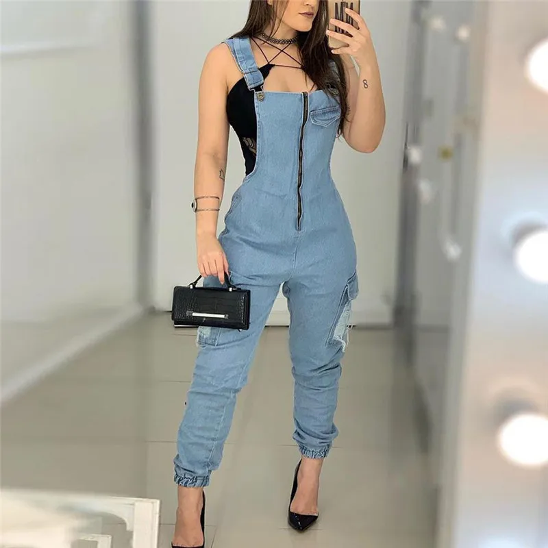 Sexy Zipper Denim Jumpsuit 2022 Women Slim Straps Jumpsuit Bodysuit With Pockets Jumpsuit Straps Trousers Jumpsuit