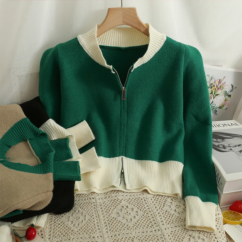 

Autumn Winter Casual Cardigans For Women Colorblock Patchwork Long Sleeve O-Neck Femme Sweater Chic Zipper Skinny Woman Cardigan