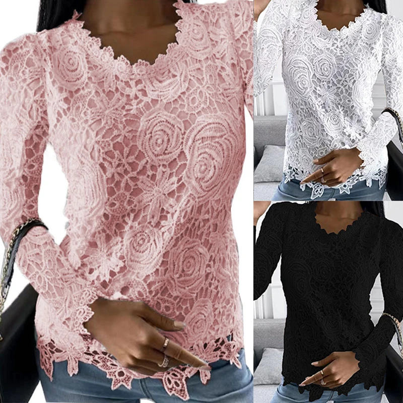 

Новинка Осень-зима 2022, женские повседневные Элегантные Топы с кружевом и длинным рукавом, однотонная модная повседневная футболка с круглы...