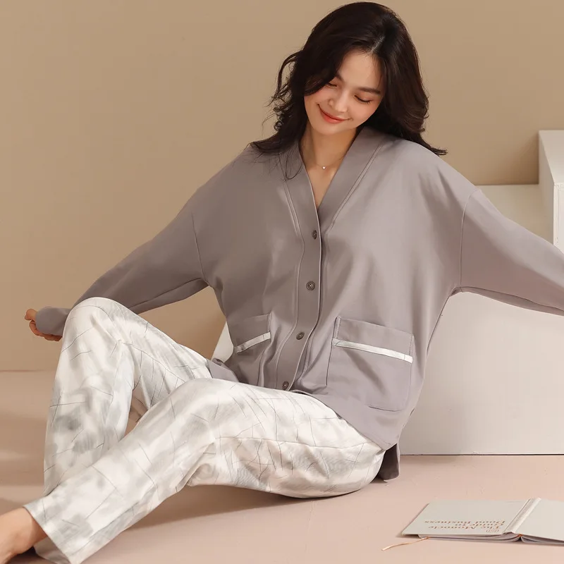 100% Cotton Pajamas for Worment Long Sleeve Top and Pants Set Sleepwear Comfortable Nightwear Female Homewear Loungewear