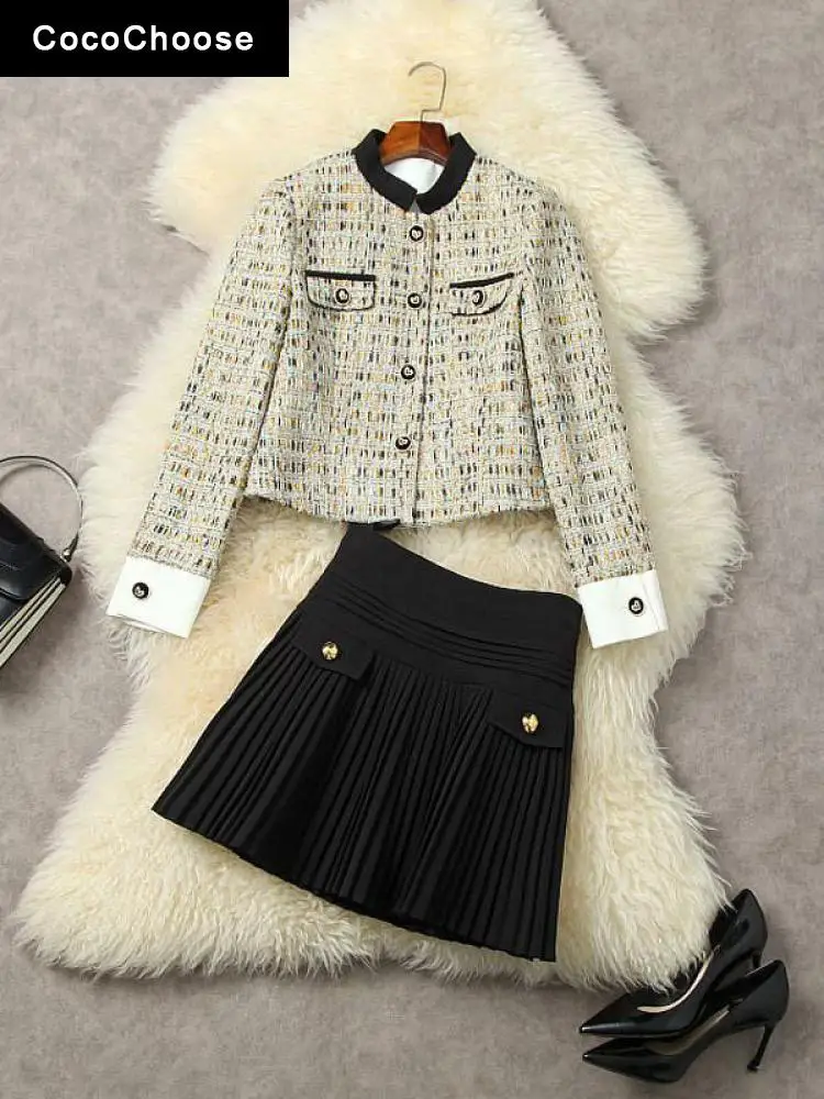 

Autumn Winter Preppy Style Dress Sets Women 2022 Runway Designer Outfits Tweed Woolen Jackets and Black Pleated Mini Skirt Suits
