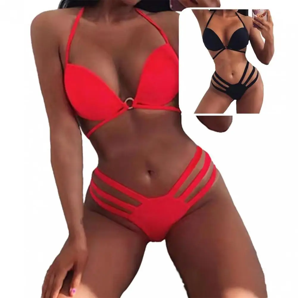 

2 Pcs/Set Chic Bikini Set Breathable Solid Color Women Swimwear Two Pieces Summer Bikini Set