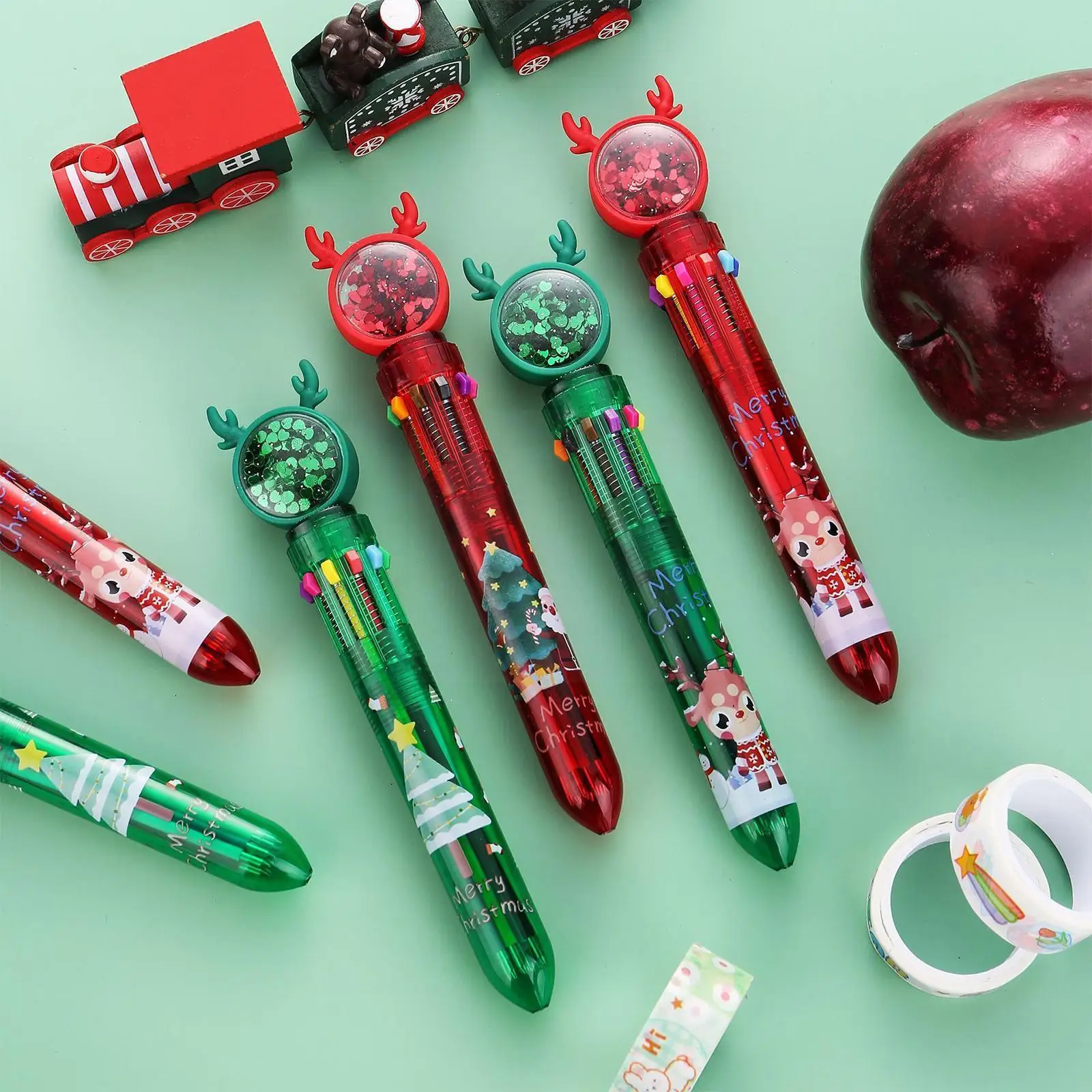 

16Pcs/Lot Cute Christmas 10 Color Ballpoint Pen Sequin Multi-Color Pen Xmas Stationery Retractable Office School Elk Tree G V7C0