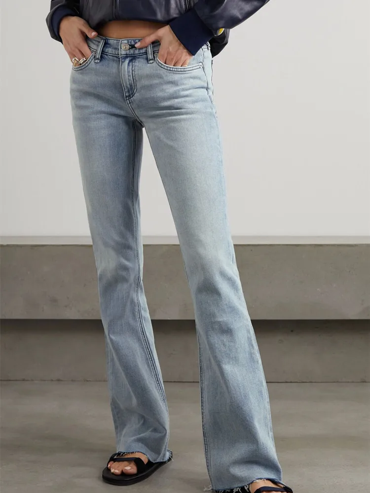 2023 Summer New Women Solid Color Casual Jeans Female All-Match Zipper Fly Slim Simple Ragged Flared Pants