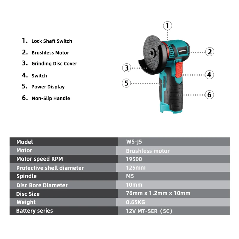 VVOSAI 19500 об/мин бесщеточный угловой шлифовальный станок 12 В Электрический