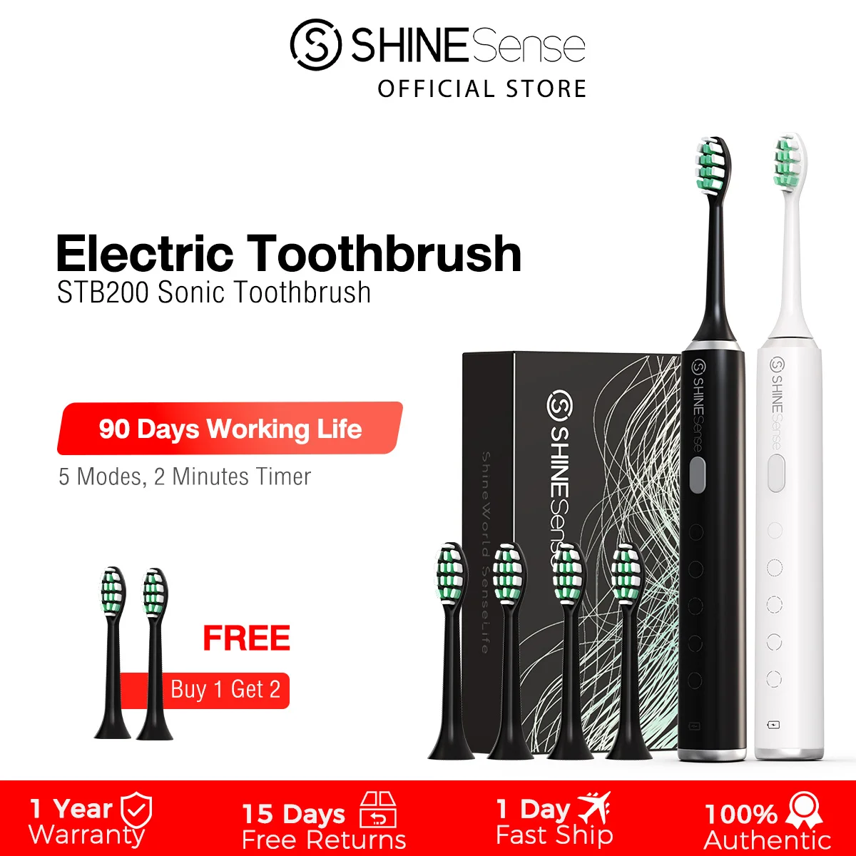 

ShineSense STB200 Electric Sonic Toothbrush USB Rechargeable Adult Kid with 5 Modes 6 Replacement Heads IPX7 Waterproof