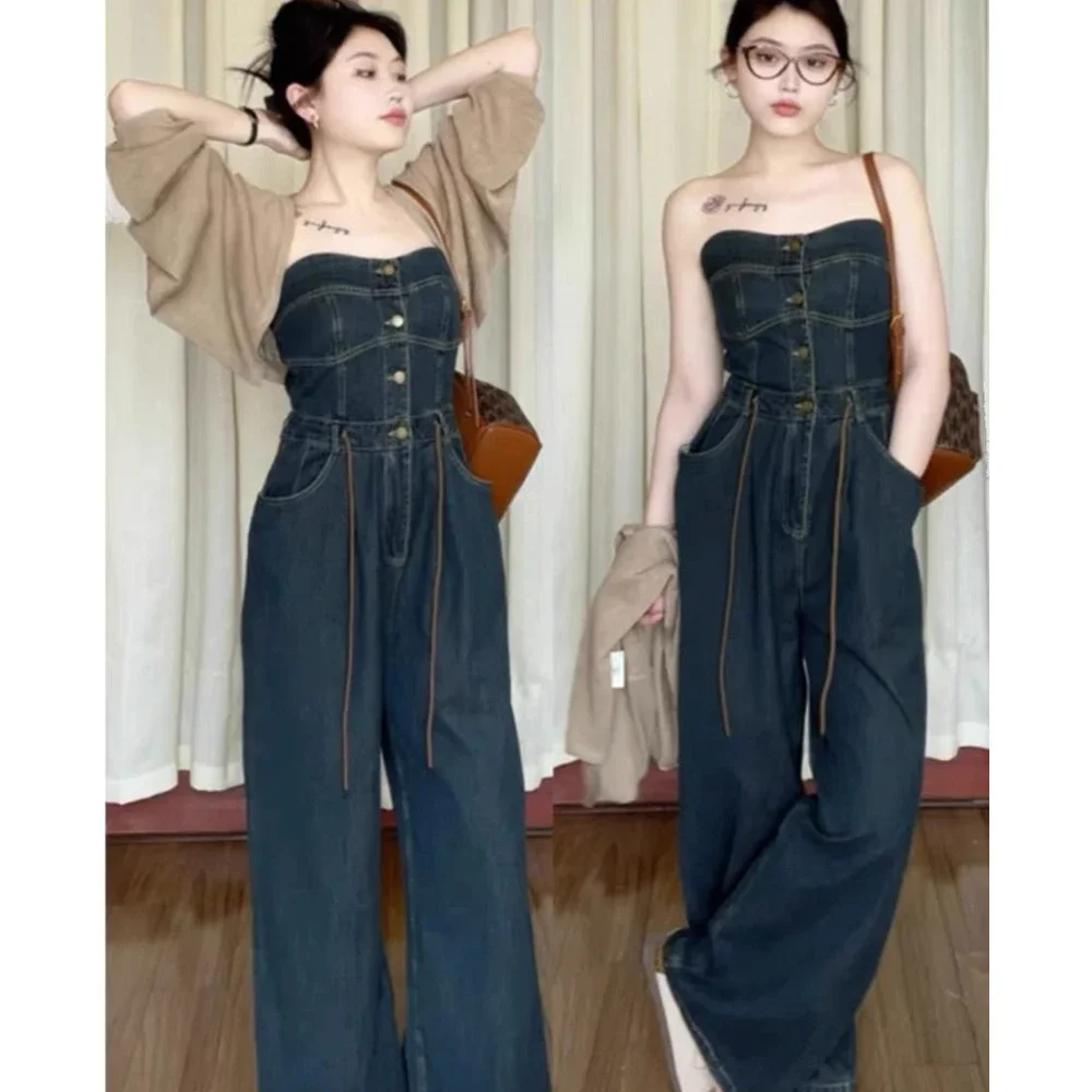 Женский джинсовый комбинезон однотонный короткий свитер с перекрестными