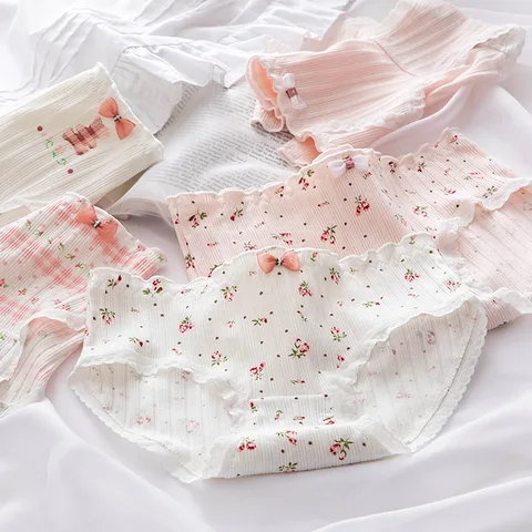 WONTIVE 1pc 3pcs set Cute Panties with Bow Line For Women Underwear Lingerie Bfriefs Girls Pink Japaness Style Floral Sexy Panty