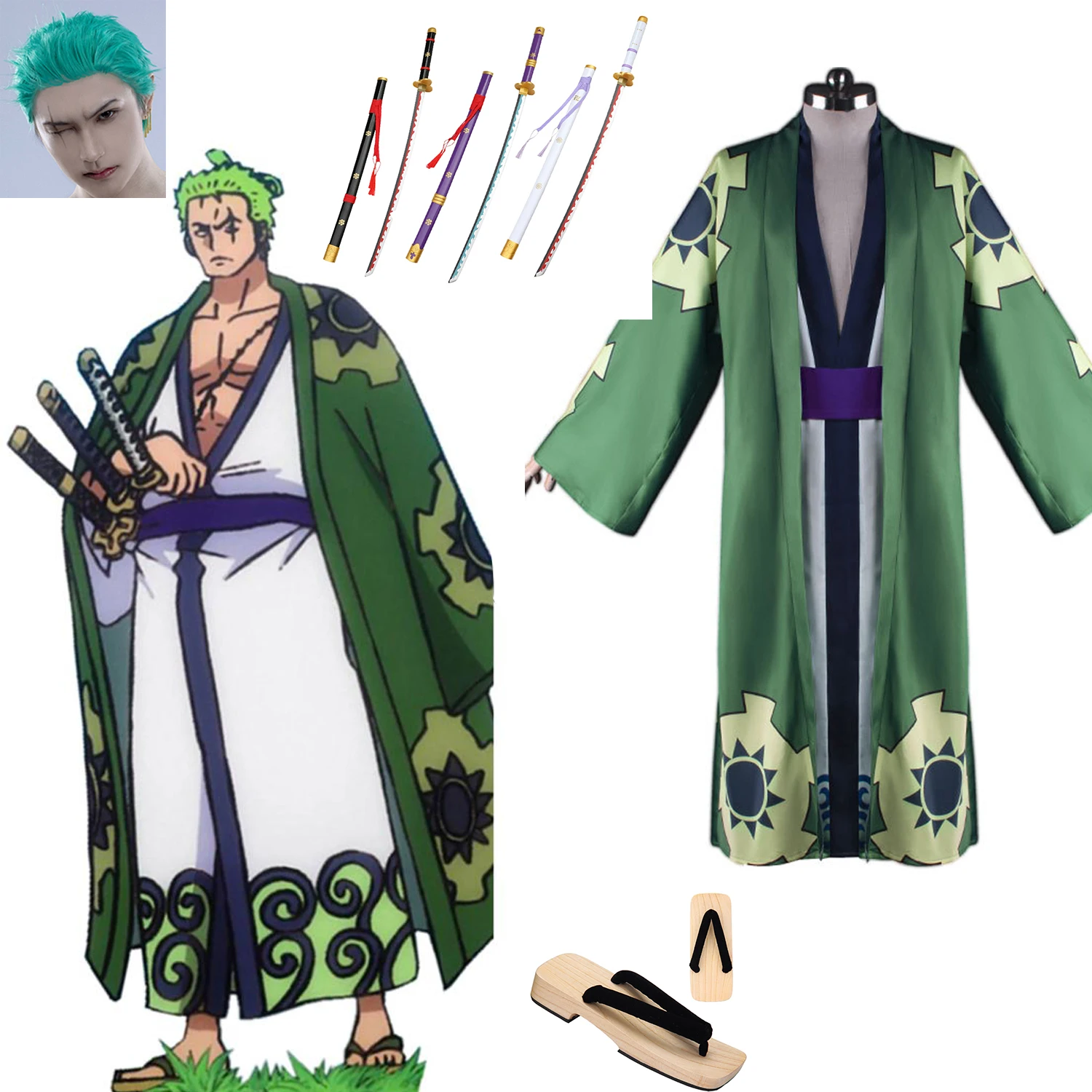 

Anime Roronoa Zoro Cosplay Costume Kimono Robe Cloak Belt Full Suit Halloween Clothes Custom Made