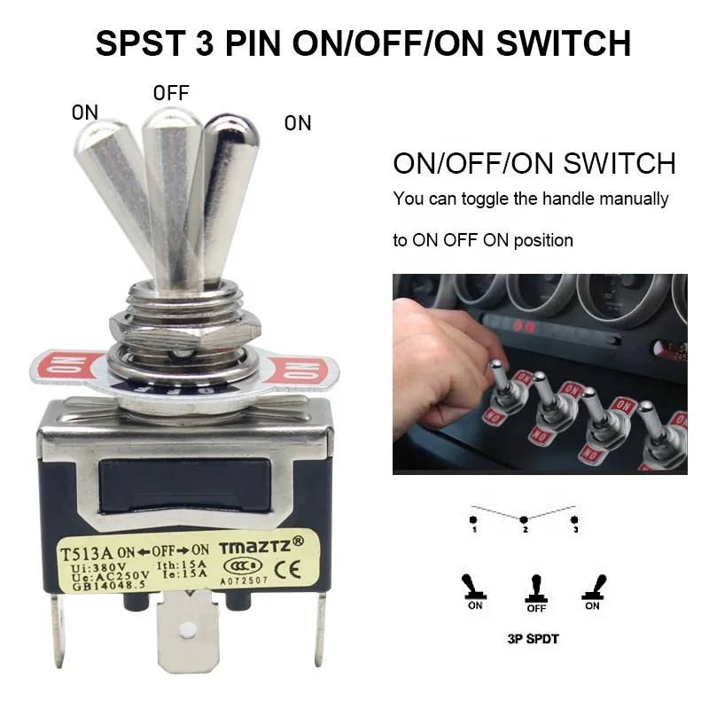 

250V 15A 125V 20A Waterproof Metal On Off On Locking 3 Pin 12mm Car Dash SPST Toggle Switch