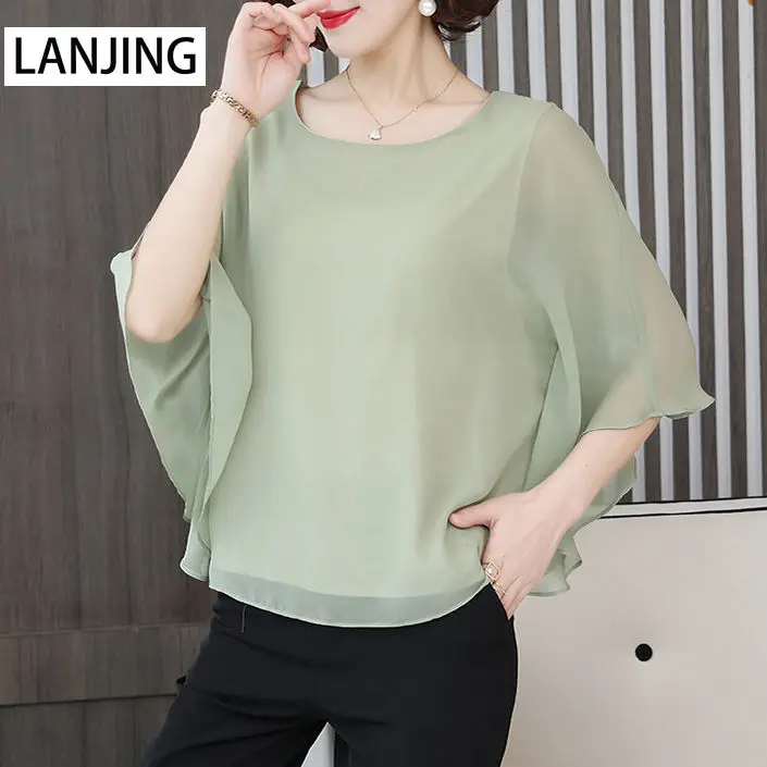 

Summer fashion sleeve chiffon shirt 2021 new large size loose thin elegant top small shirt one shoulder top Solid Casual