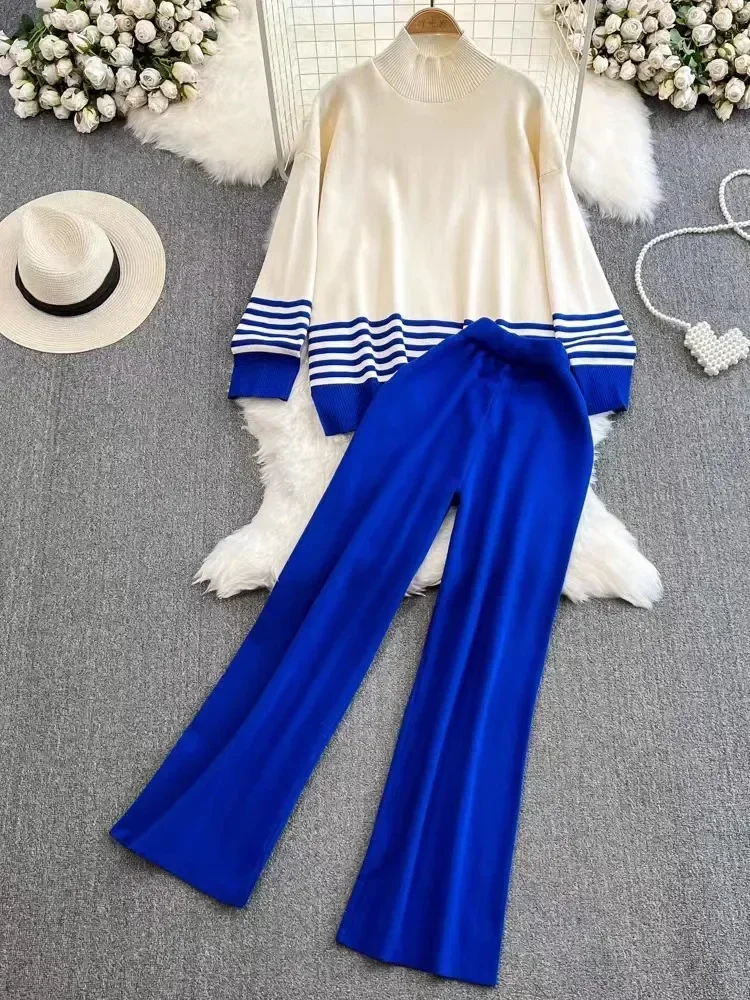 Женский полосатый пуловер с высоким воротником прямой вязаный свитер широкими