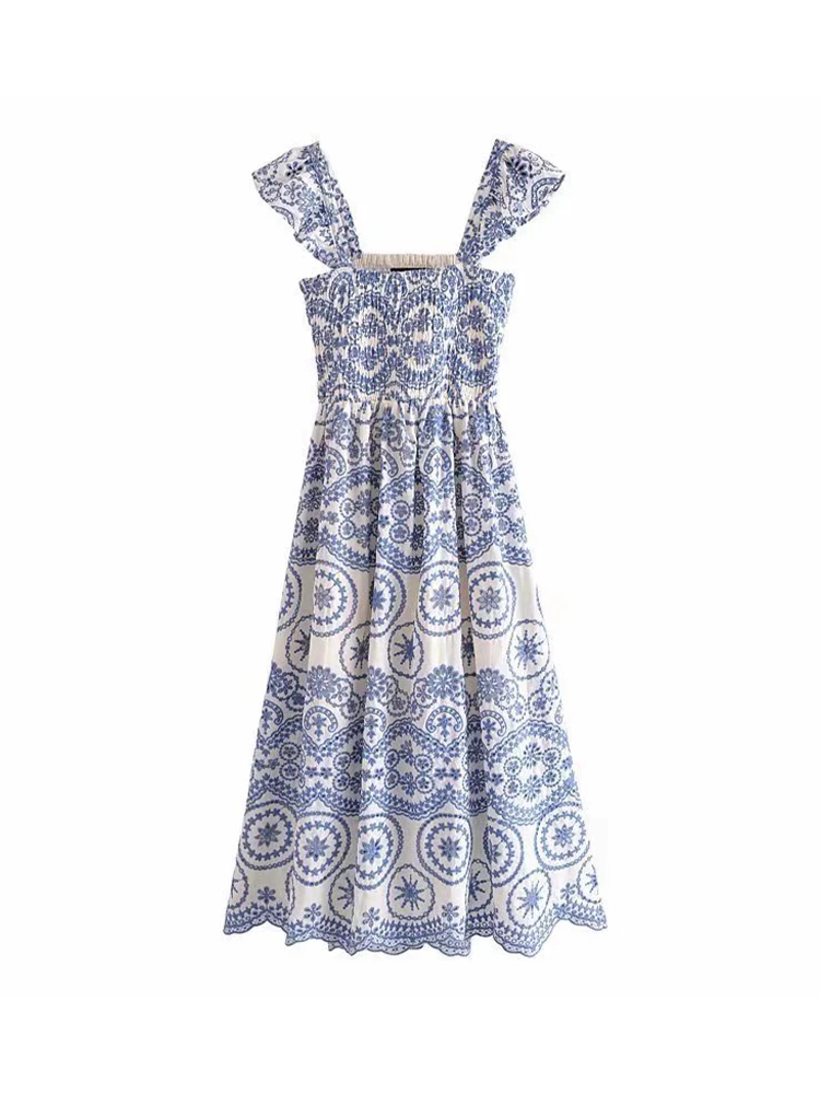 

Women 2022 Spring New Chic Fashion Hollow Out Embroidery Suspenders Dress Vintage Sleeveless Female Dresses Robe Mujer
