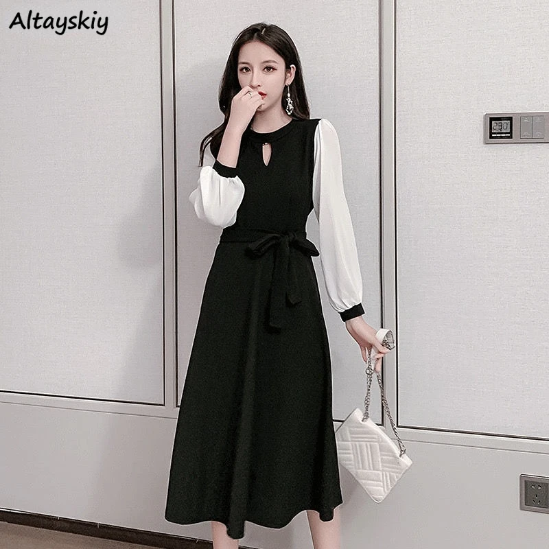 

Платье женское с длинным рукавом, простой ажурный элегантный облегающий Универсальный сарафан в Корейском стиле для зрелых студентов, осен...