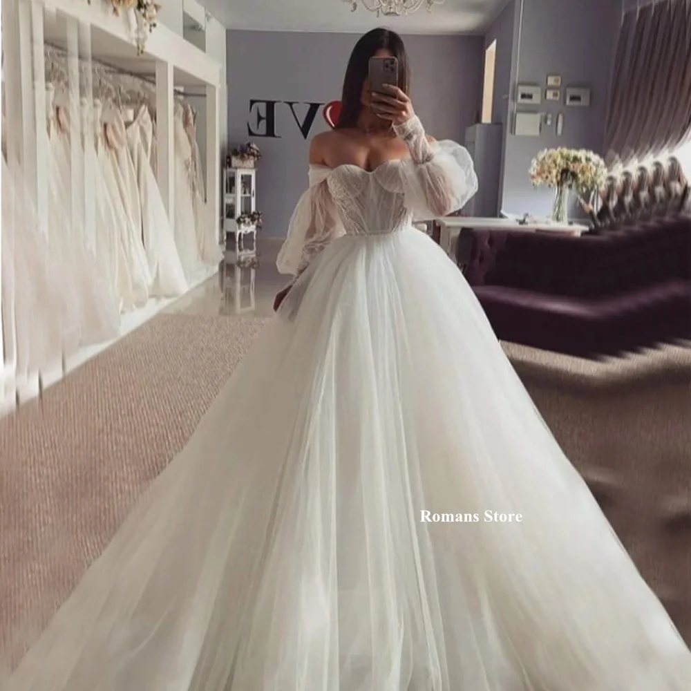 

Romans Off the Shoulder Bride Wedding Dress for Women Tulle Puff Sleeve Wedding Guests Dresses Ivore A-Line vestido novia 2023