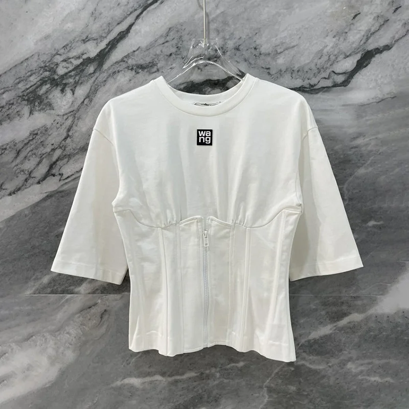 

Женская короткая футболка Aw Wang, белая приталенная футболка с прострочкой «рыбья кость», топы для весны и лета