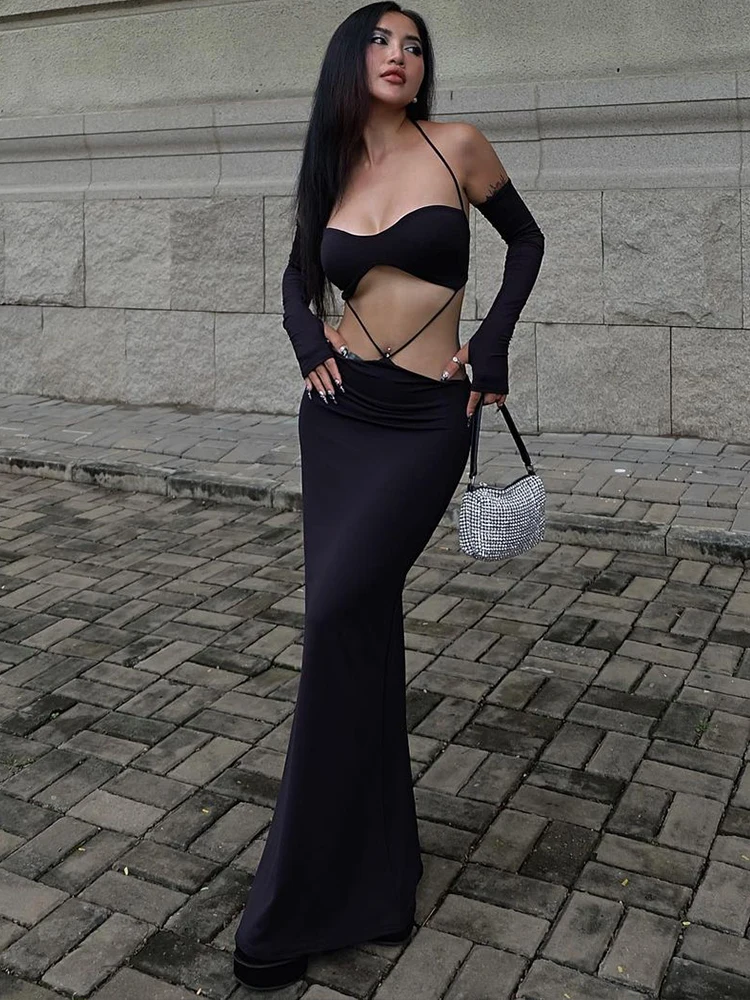 

Женское платье-макси на шнуровке, с длинным рукавом и открытой спиной