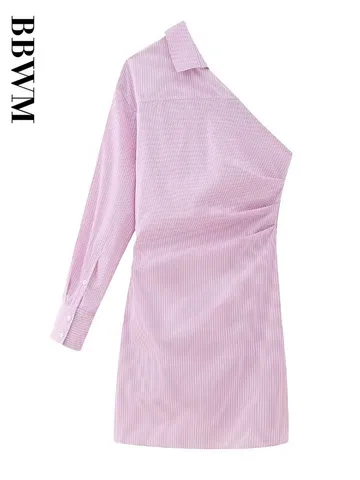 Striped Asymmetrical Dresses Women 2023 Summer One Shoulder Vintage Long Sleeve Mini Streetwear Fashion Chic Female Short Dress