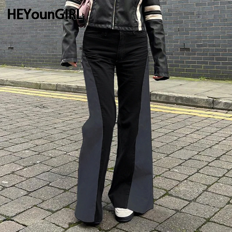 

Повседневные брюки HEYounGIRL в стиле пэчворк контрастных цветов, модные женские наряды Y2K, винтажные прямые брюки с низкой талией, 2023