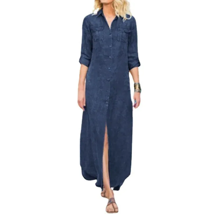 

Женское джинсовое однотонное платье, весна-осень 2022, длинное джинсовое платье-рубашка с воротником-рубашкой и пуговицами, Женская свободная повседневная одежда