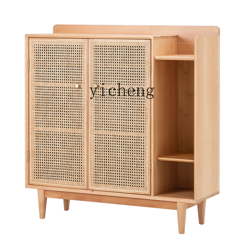 

ZC Solid Wood Rattan Shoe Cabinet Household Partition Entrance Cabinet Small Apartment Shoe Rack Double-Door Storage Cabinet