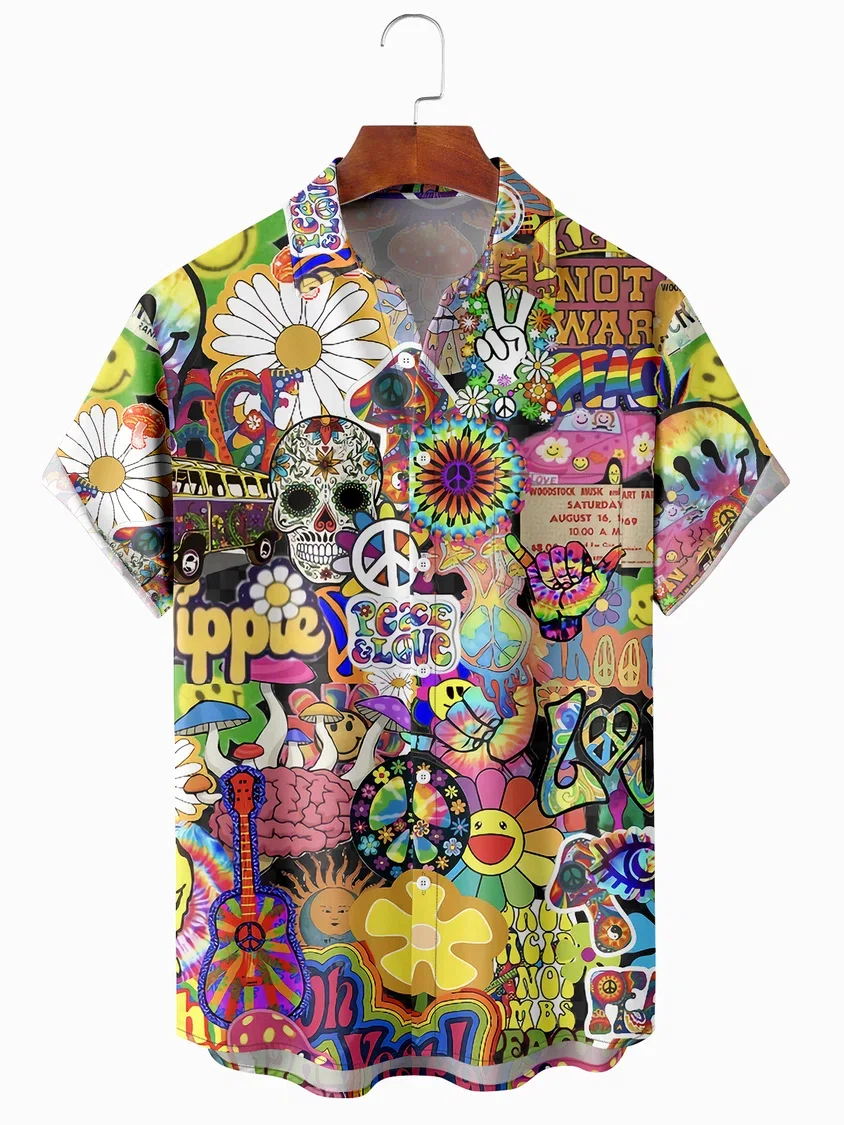 

Men Hippies Skull Peace Love Print Front Buttons Soft Breathable Casual Hawaiian Shirts，custom shirt printing