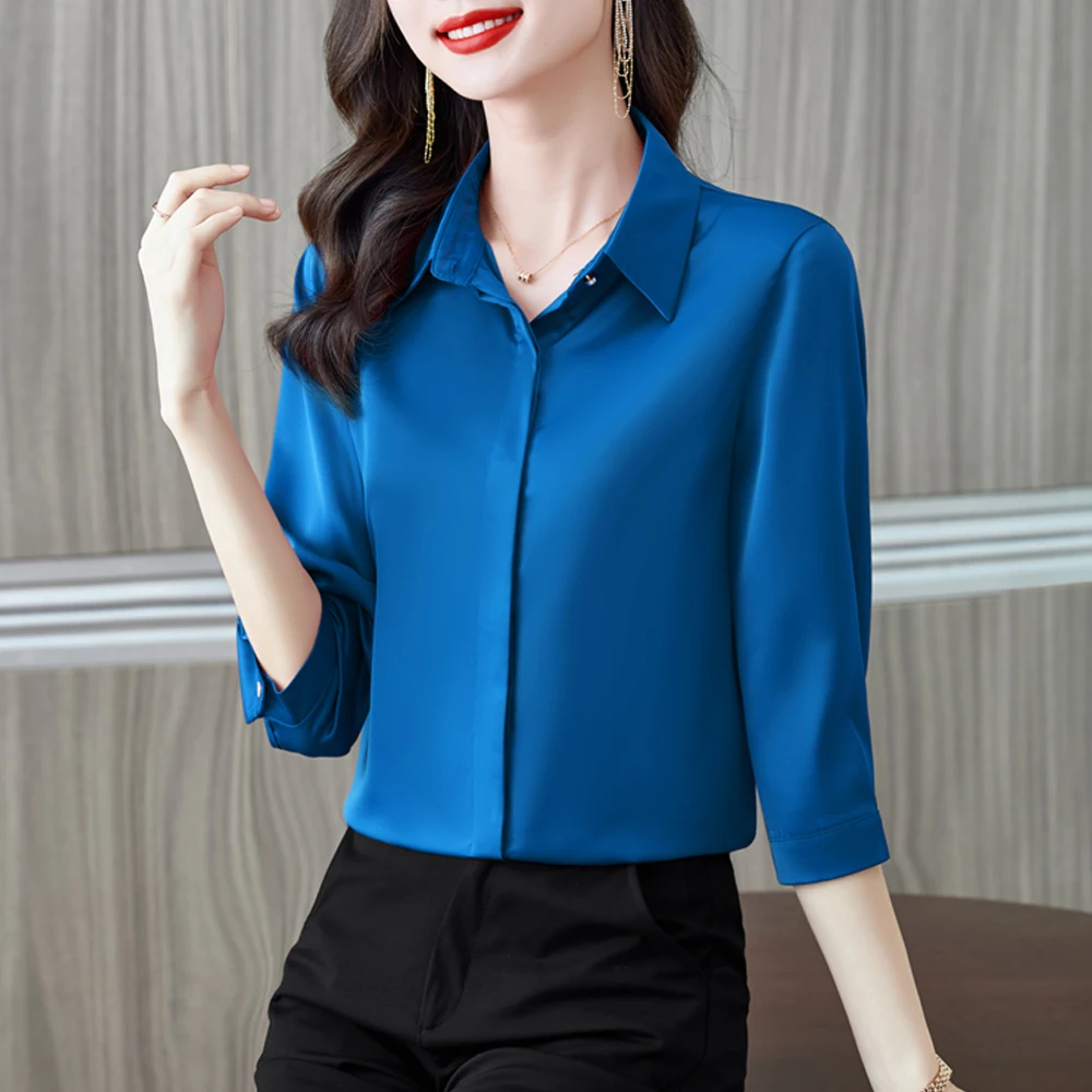 2023 Korean Fashion Women's Blouses Office Lady Simple Purple Wine White Satin Shirts Comfortable 3/4 Sleeve Silk Tops Women images - 6