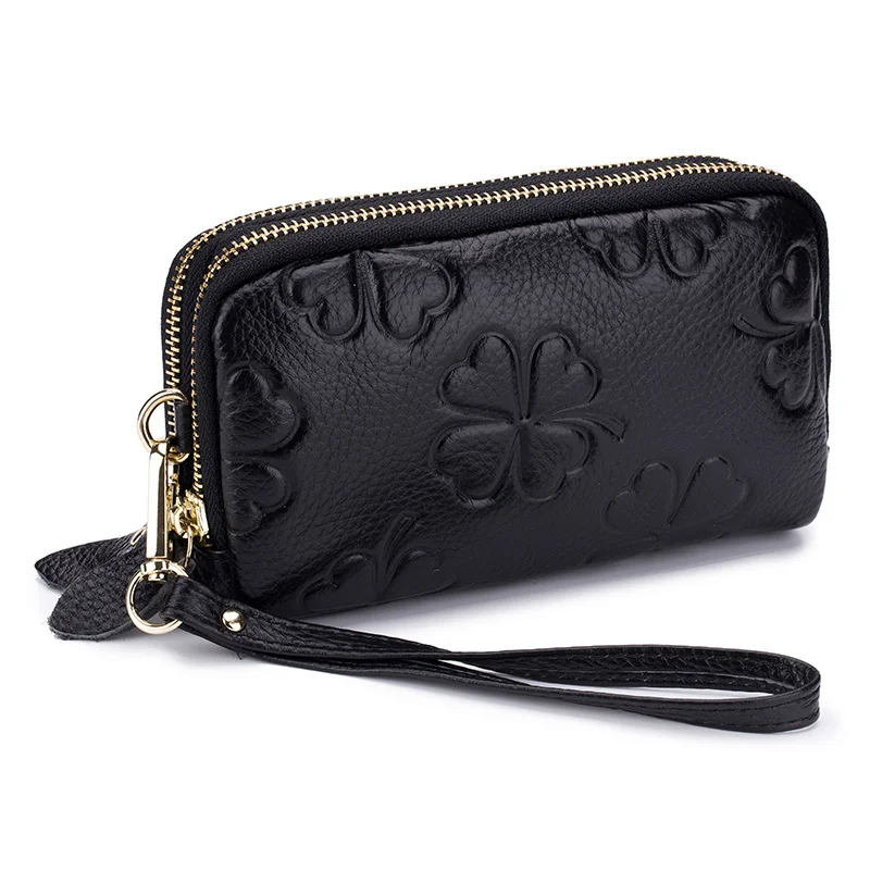 

Genuine Cow Leather Women Long Wallet First Layer of Cowhide Ladies Double Zipper Purse Four-Leaf Clover Female Money Bag Clutch