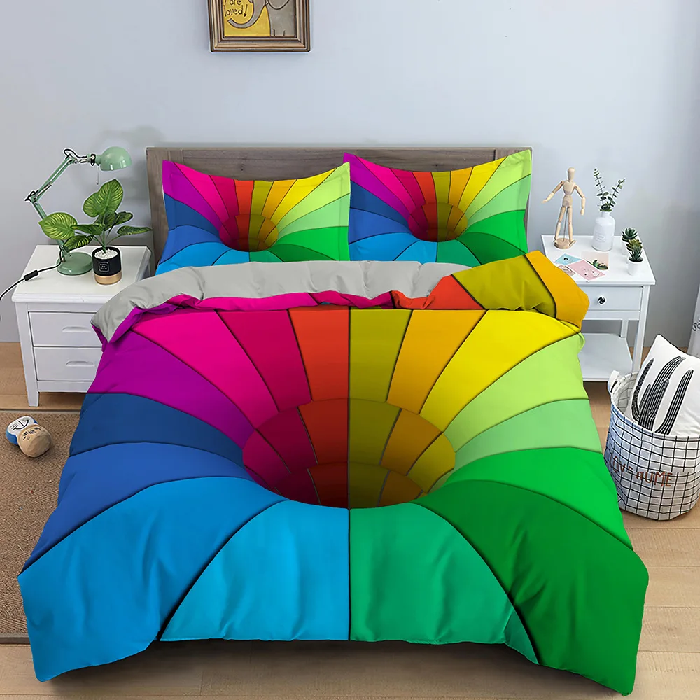 

Colorful Stripes Duvet Cover Set 3D Twisted Colorful Psychedelic Stripes Quilt Cover for Teens Polyester King Size Bedding Set