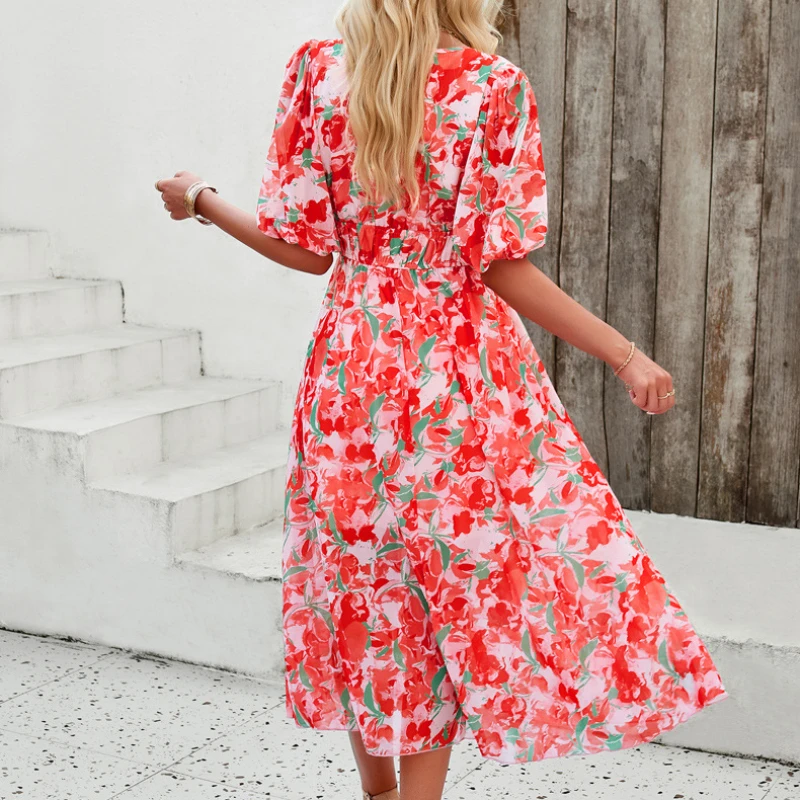 Женское пляжное платье с коротким рукавом и чашками пуш-ап длинное летнее