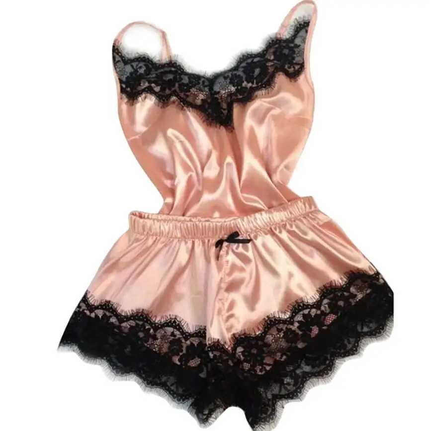 

2023 New Women Bow Sleepwear Sleeveless Strap Nightwear Lace Trim Satin Cami Top Pajama Sets femme sexy lingerie pyjamas women