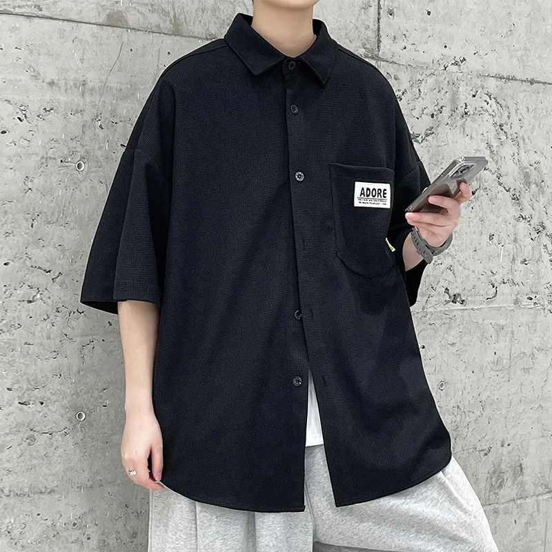 

Рубашка мужская с коротким рукавом, свободная модная сорочка с отложным воротником и простыми карманами, в стиле Харадзюку, лето 2023