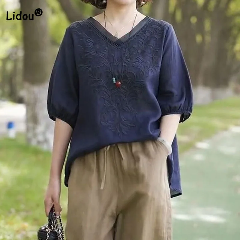 

Women's Casual Solid Color Embroidery All-match T-shirt New Simplicity Vintage V-Neck Half Sleeve Tops Summer Female Clothing