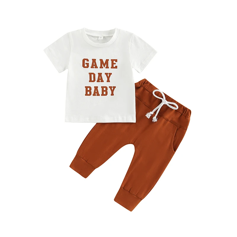 

Bmnmsl Infant Boy Summer Clothes Set, Short Sleeve Round Neck Letter Print T-shirt + Elastic Waist Solid Color Pants