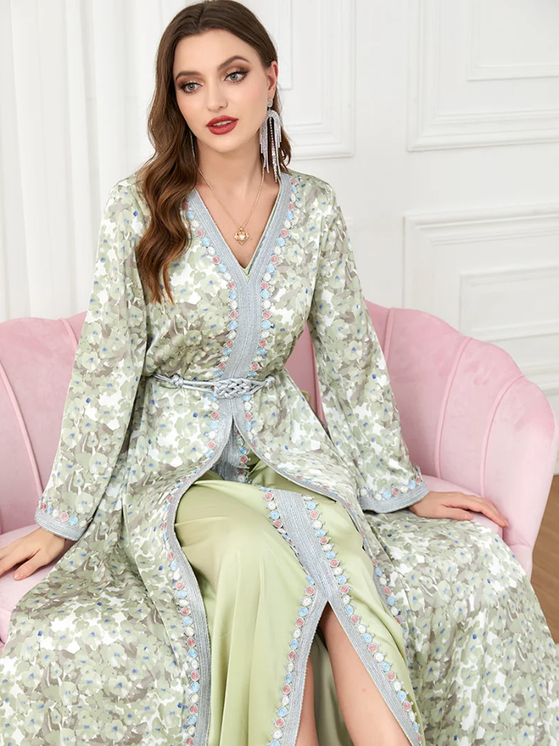 Elegant Women's Dresses Abayas For Women Muslim 2 Pieces Set Floral Print Lace Tape Belted Kaftan Ramadan Gorgeous Party Style