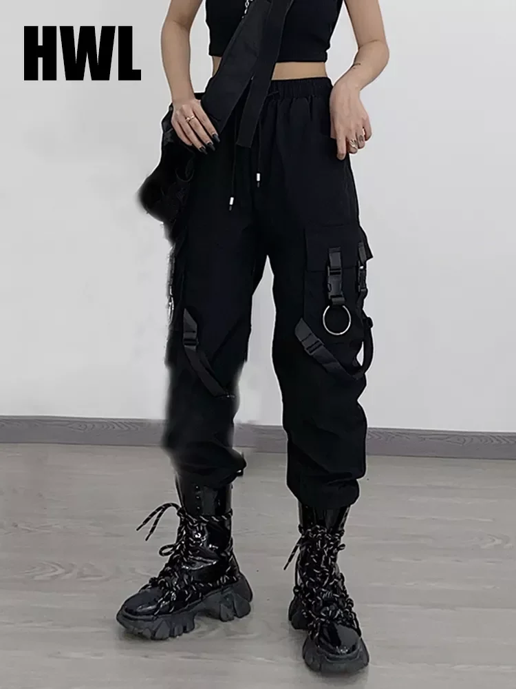 

Брюки-карго женские черные с завышенной талией, уличная одежда, брюки с прямыми штанинами, свободные длинные брюки в стиле Харадзюку бойфре...