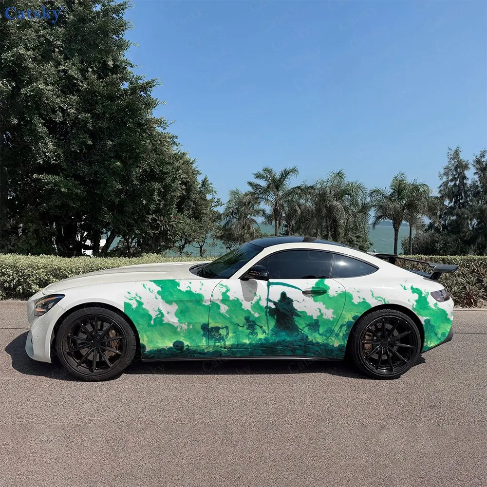 Фото 2 шт. зеленых наклеек на боковые части автомобиля с изображением Призрака-жнеца и скелета, самоклеящиеся, из ПВХ, водонепроницаемые и устойчивые к царапинам, автомобильный аксессуар №1