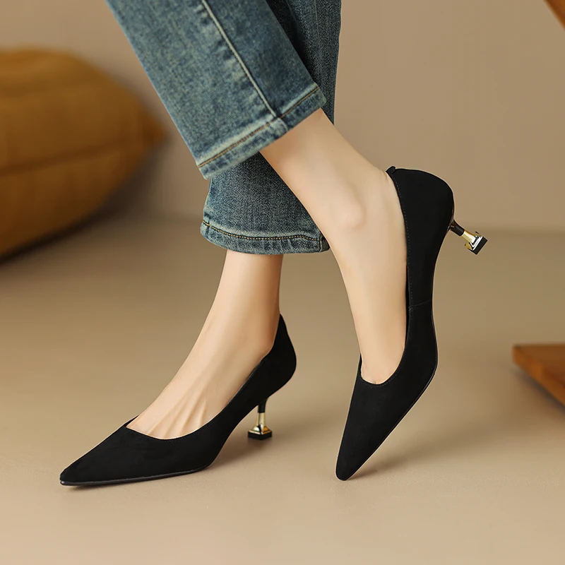 Pointed Toe Commuter Pumps Women Concise Kitten Heels Shoes Office Lady Spring Autumn Genuine Leather Comfy Soft Size 34-40