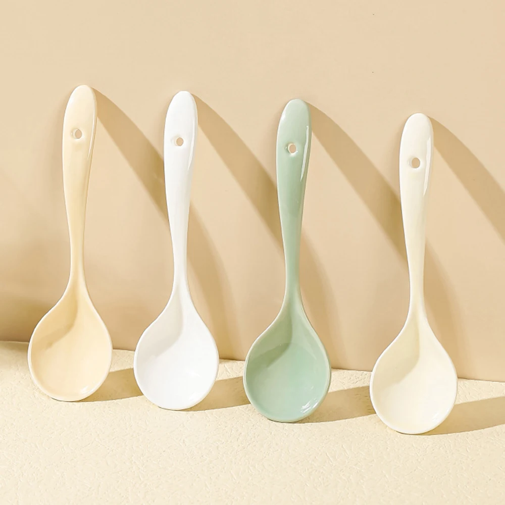 

6Pcs Creative Japanese Spoon Ceramic Spoon Daily Ceramic Soup Spoon Ramen Plus Long Handle Small Spoon Curved Spoon Tableware